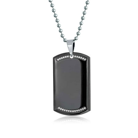 Silver Tone Chain Bead (Black Dog Tag Pendant Necklace For Men CZ Edge Engravable High Polished Silver Tone Stainless Steel Bead Chain 24)