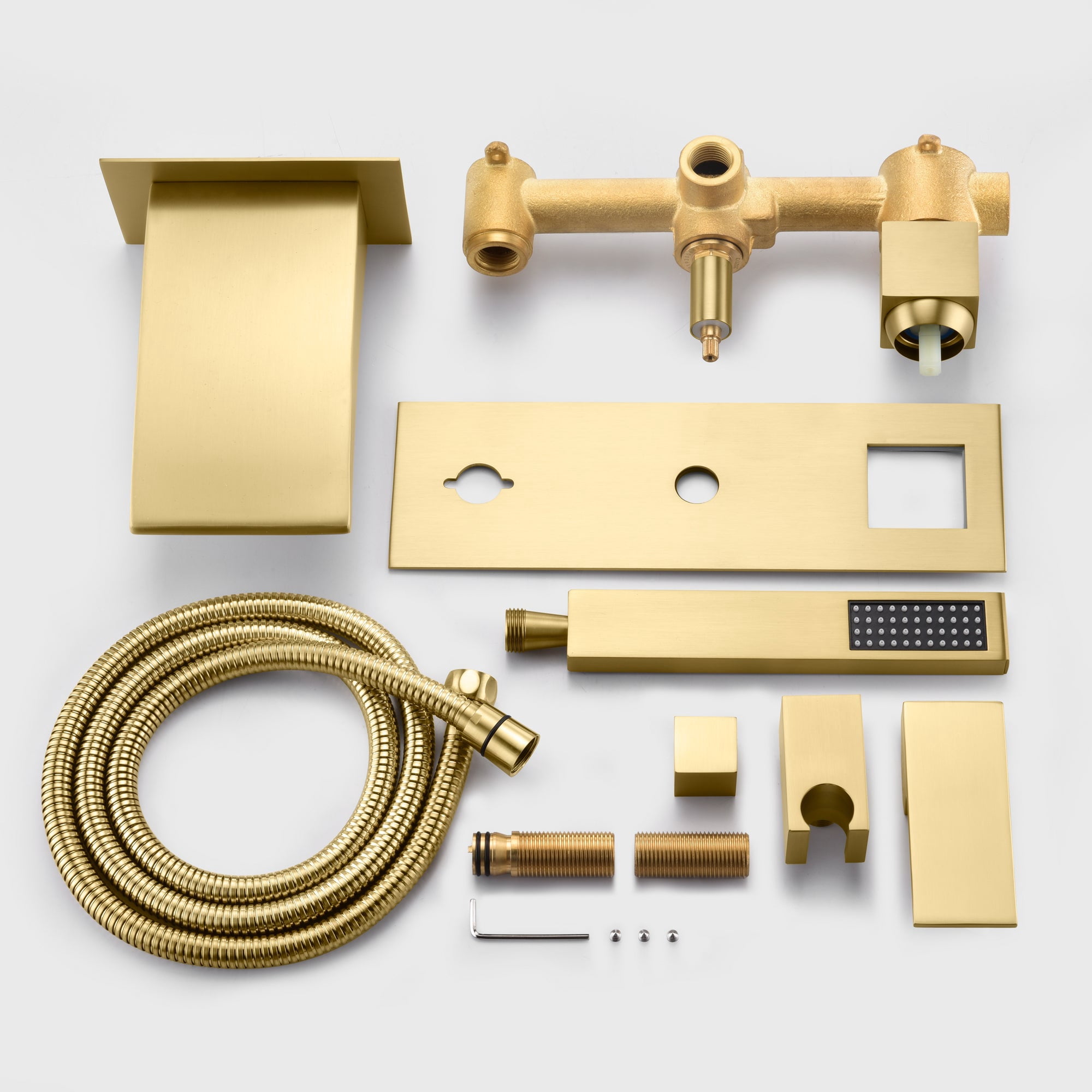 Brushed Gold Wall Mount Tub Faucet with Hand Shower, Waterfall Spout with Sprayer and Valve Sumerain