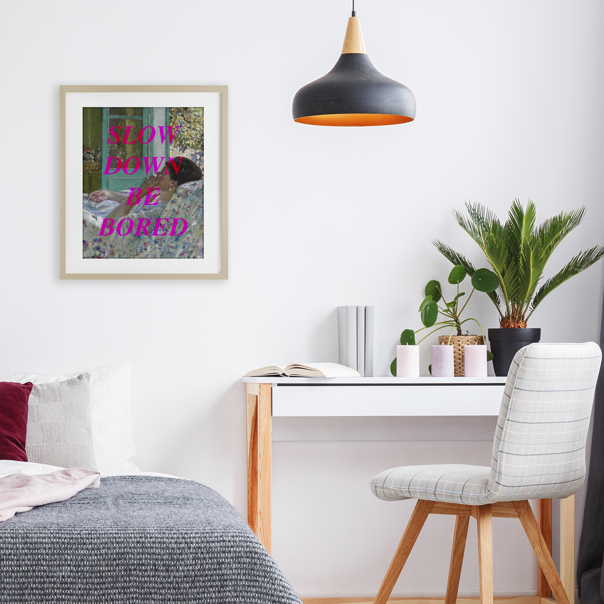 Slow Down Be Bored Classic Birch Framed Print Under Glass, design by Lil' Rue