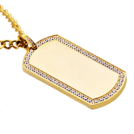 Arista Cubic Zirconia Men's Dog Tag Pendant in Gold Plated Stainless Steel, 24"