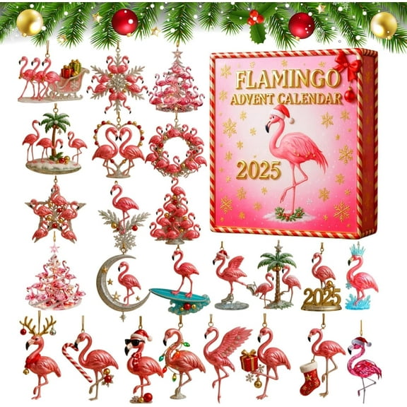 Flamingo Advent Calendar, 24 Days Countdown with Unique Pink Tropical Ornaments, 24 Days Pink Tropical Flamingo, Christmas Advent Calendars 2025 With 24Acrylic 2D Flat Figures