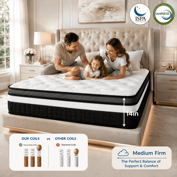 King Size Mattress - 14 Inch King Hybrid Mattress in a Box with Gel Memory Foam and Premium Pocket Coils, Medium Firm Comfort for Back & Side Sleepers, Cooling Breathable Design,CertiPUR-US Certified
