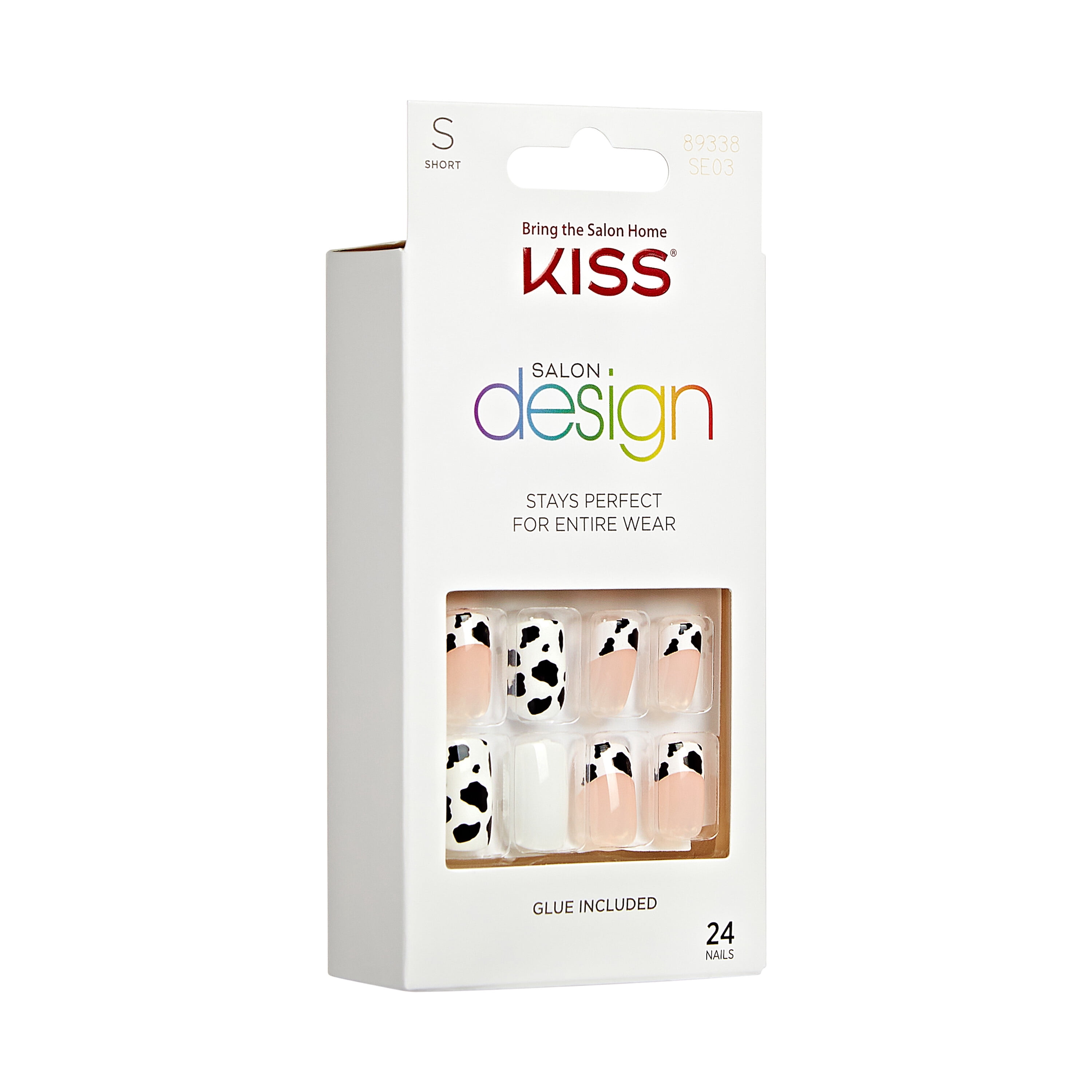 KISS Salon Design Medium Coffin Glue-On Nails, Glossy Light White, 24 Count