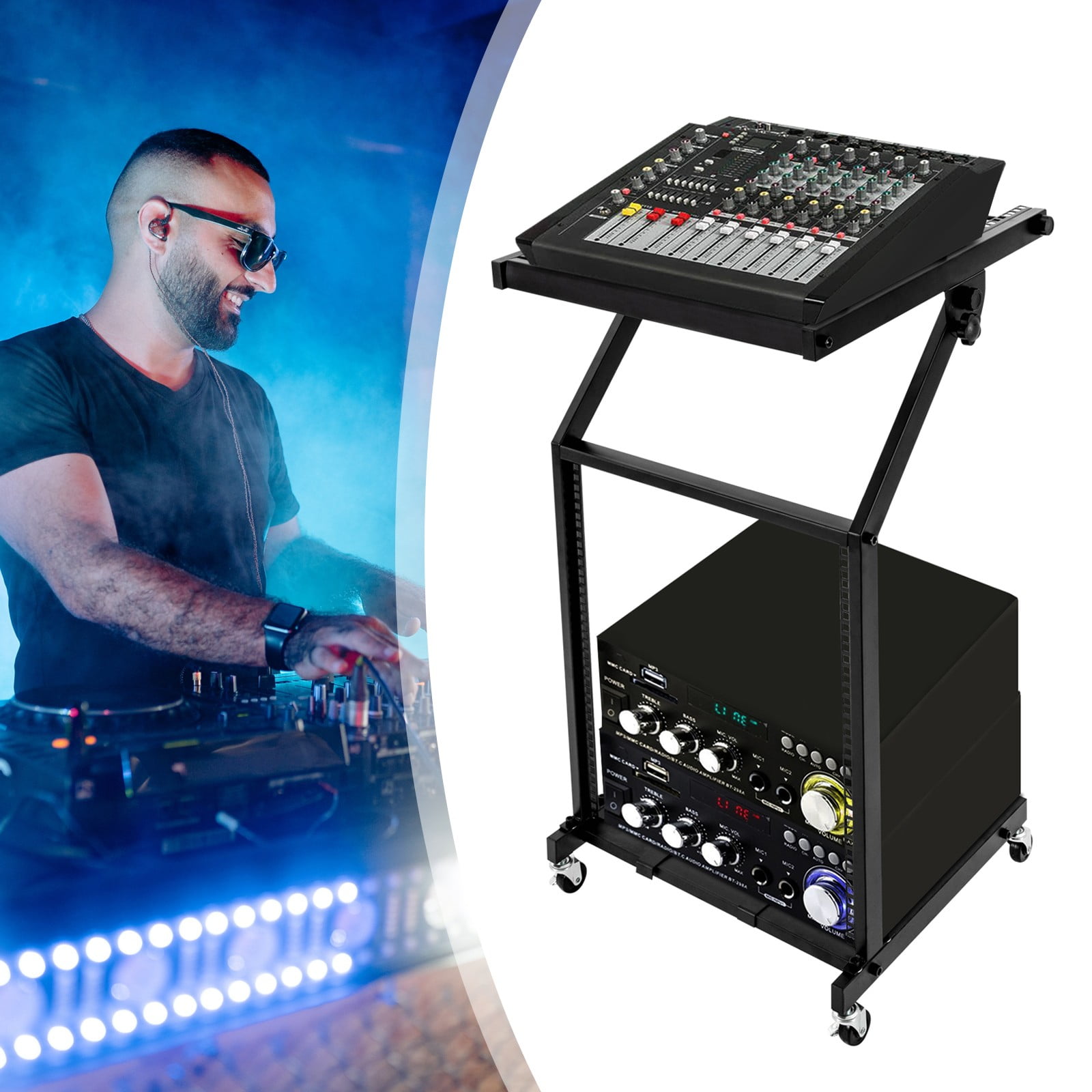 Aiqidi 12U Professional DJ Mixer Stand Black Rolling Rack Studio