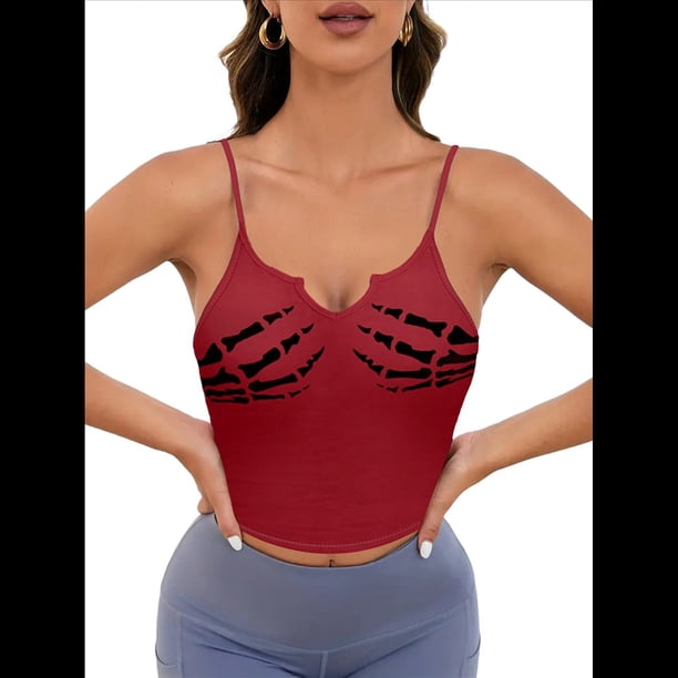 Camisola Corta Sin Mangas con Estampado de Calavera de Halloween para Mujer Rojo XL