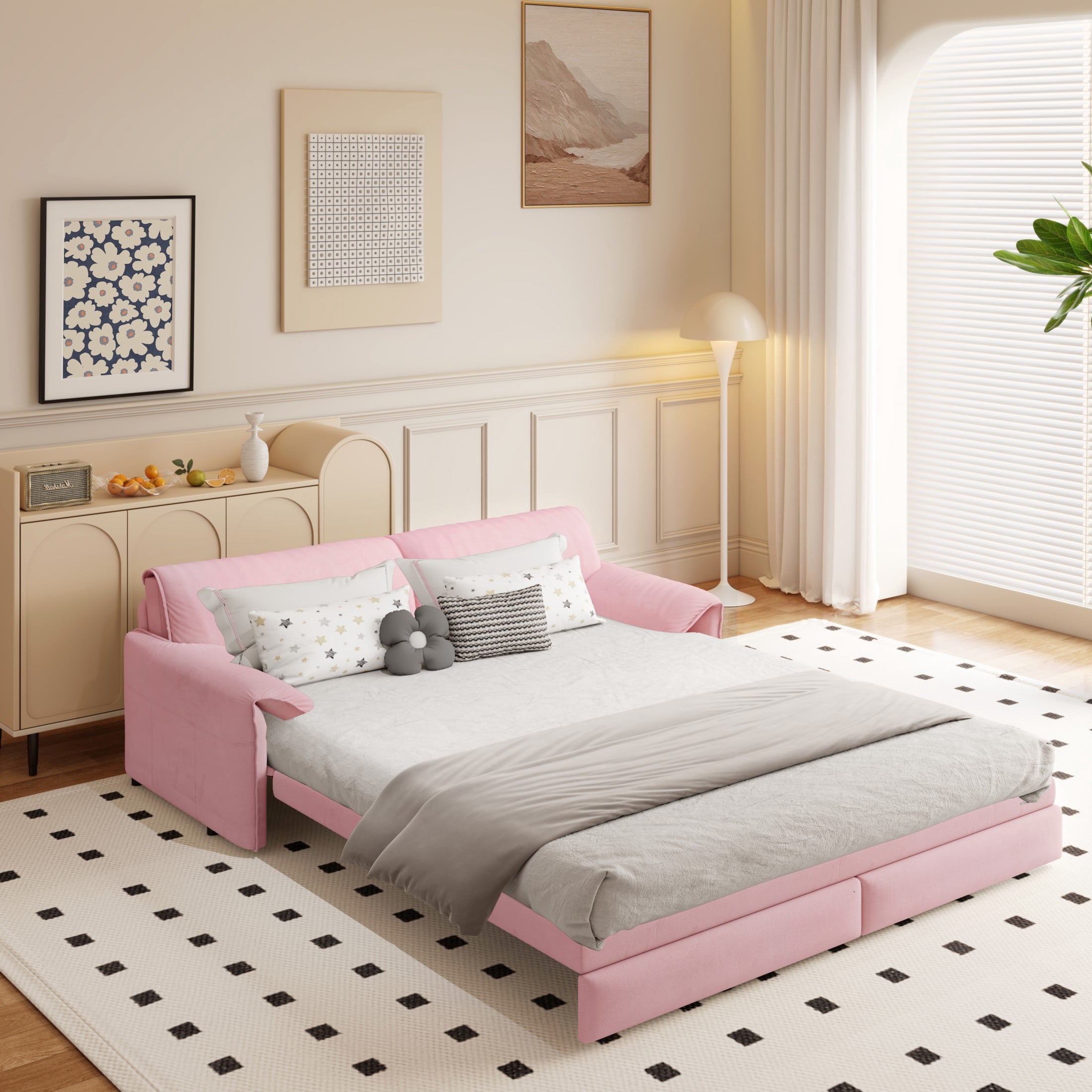 Aukfa Queen Sleeper Sofa Bed, Convertible Loveseat Pull Out Sofa Couch with Pillow Arm/Side Pockets, Pink