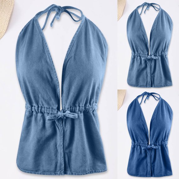 FASHOFT Denim Halter Tops for Women Tie Backless Button Front V Neck Slim Fit Jean Vests Dark Blue L