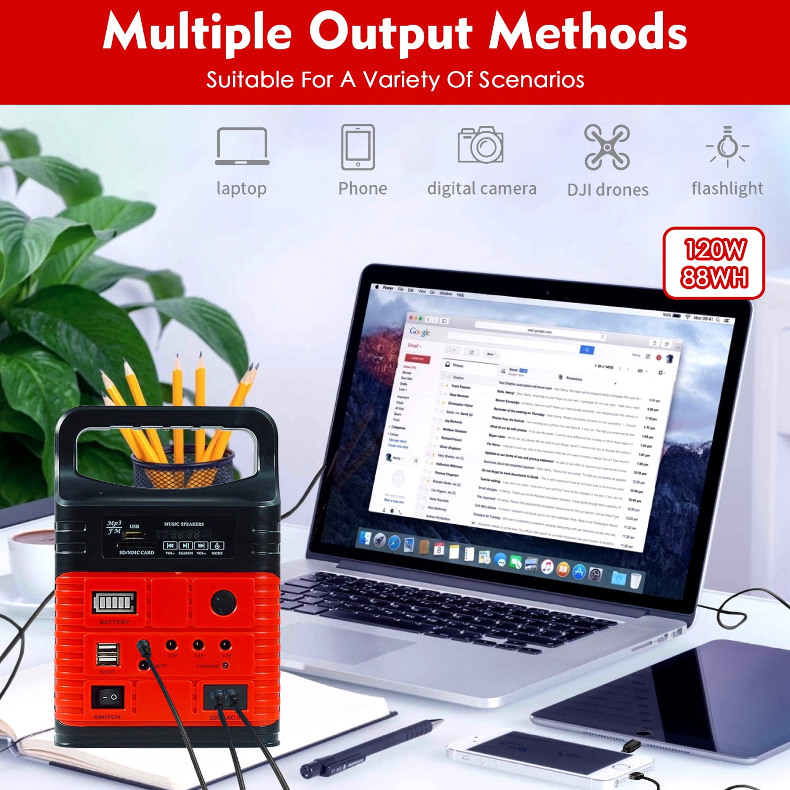 Portable Power Station,Solar Generator with Panels included,LiFePO4 Lithium Battery Pack Small Solar Powered Generator with DC/USB Outlets,LED Flashlight for Home Use,Outdoor Camping Quiet(Red)