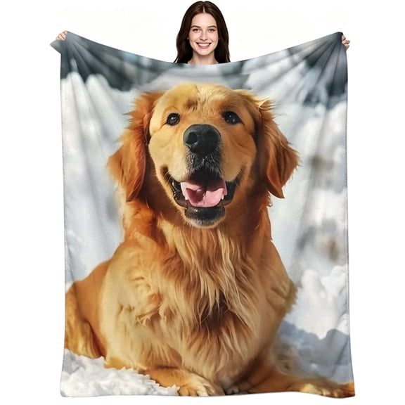 Warm Soft Flannel Blanket with Golden Retriever Snowy Scene Print, Cozy Winter Decor for Sofa Bed Living Room, Perfect Pet Lover Gift