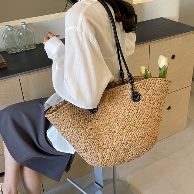 Bolsa De Playa Tejida, Bolsa De Playa De Paja Gran Capacidad De Artesanía Fina Para Al Aire