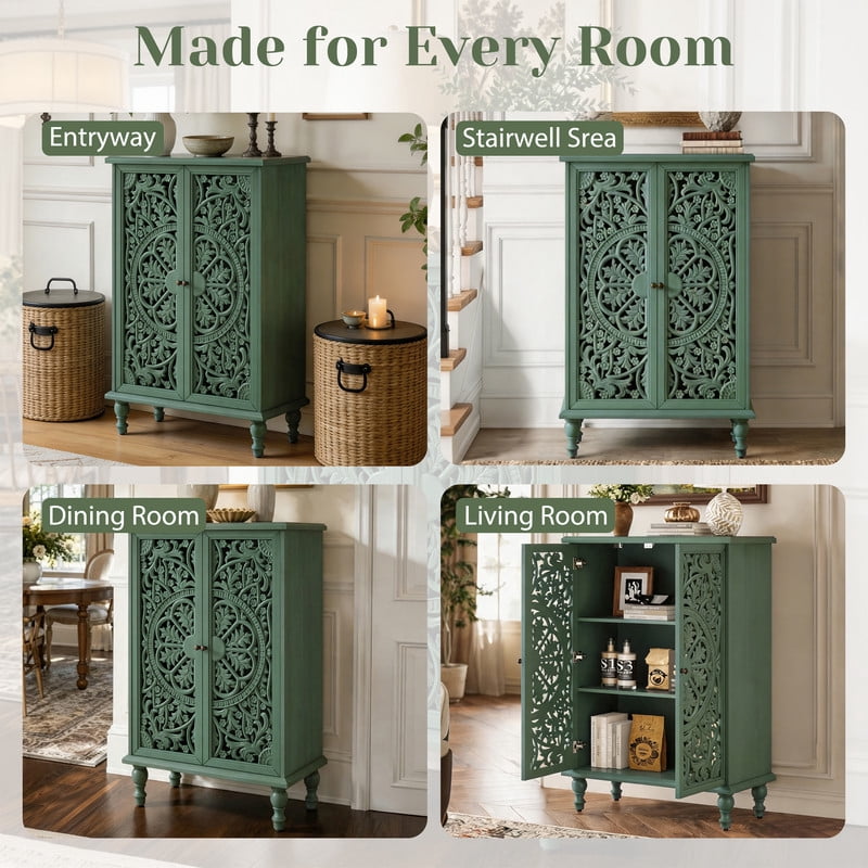 Freestanding Accent Storage Cabinet with Hollowed Out Carved Double Door, Farmhouse Display Buffet Chest with Adjustable Shelf