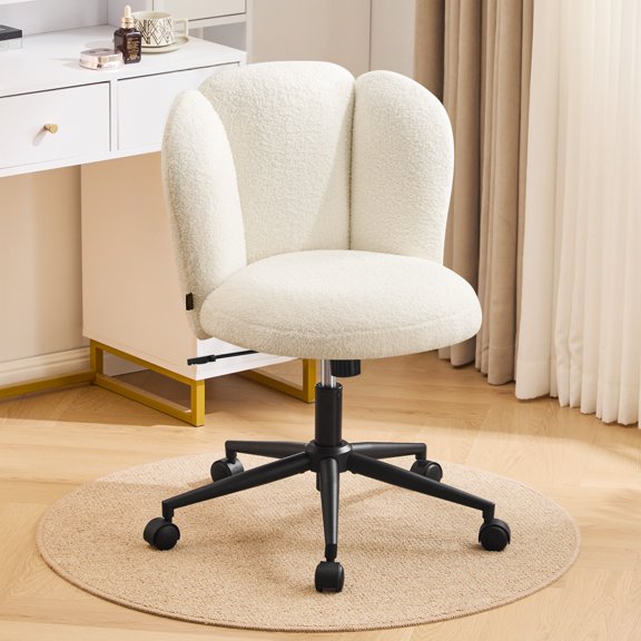 Furniliving Modern Upholstered Home Office Chair with Cloud Shaped Backrest, Cute Armless Vanity Chair, 360° Swivel Height Adjustable Desk Chair, Computer Task Chair for Bedroom, White