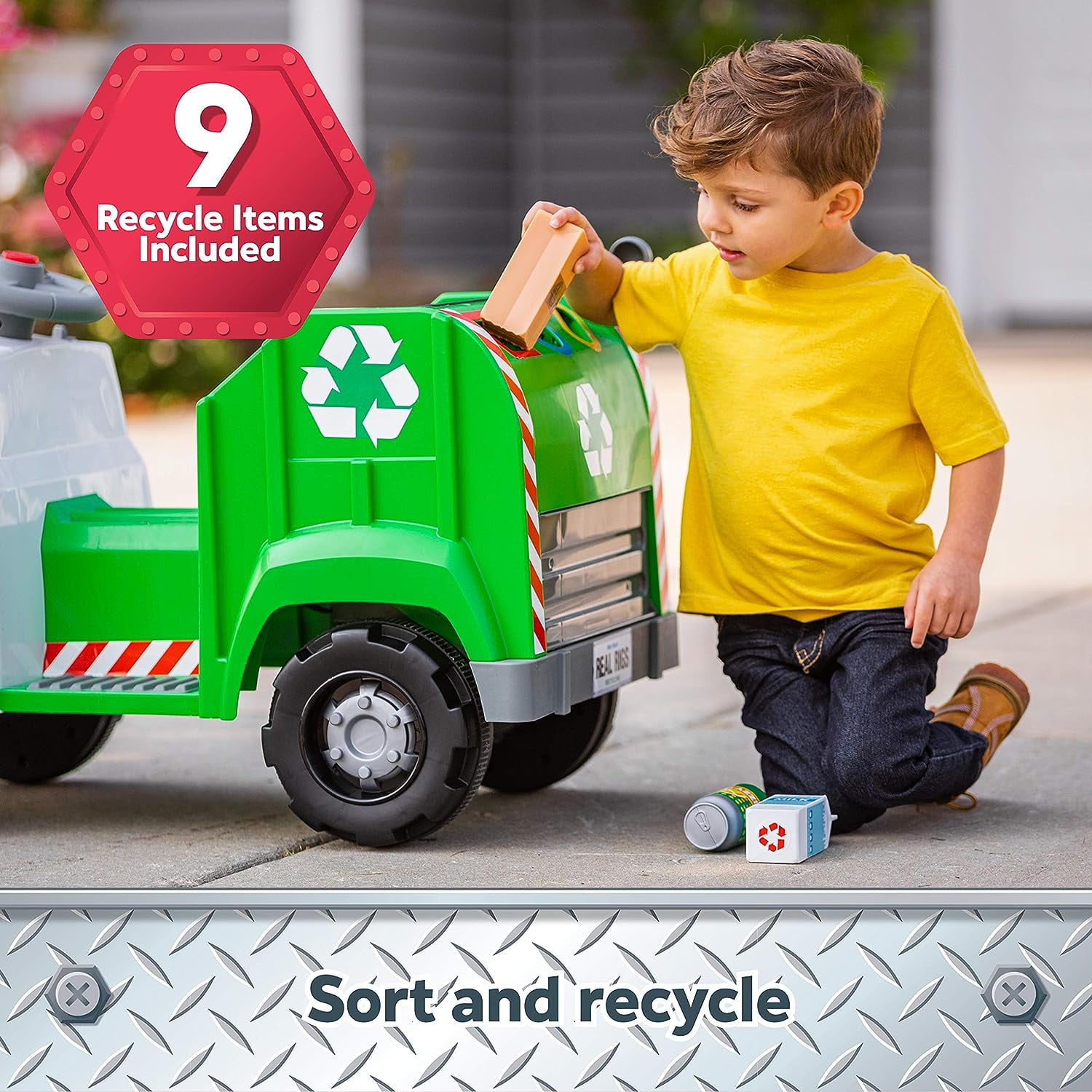 Kid Trax Real Rigs Toddler Recycling Truck Interactive Ride-On Toy, Kids Ages 1.5-4 Years, 6 Volts, 9 Recycling Accessories Included