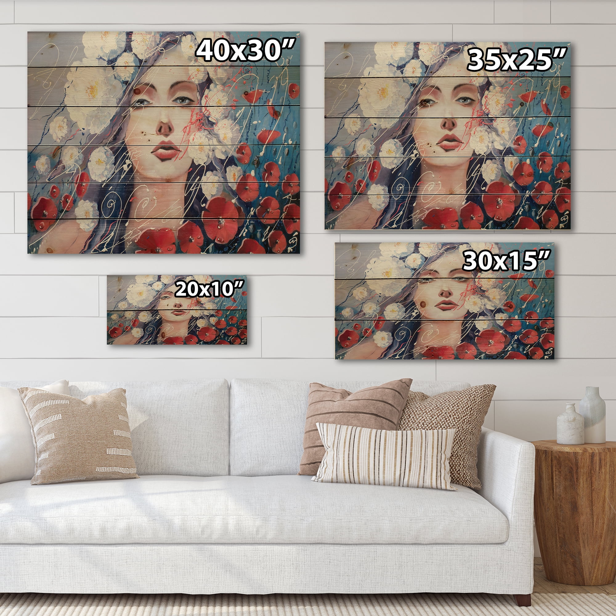 Designart 'Portrait Of A Young Lady With Red & White Flowers' Traditional Print on Natural Pine Wood