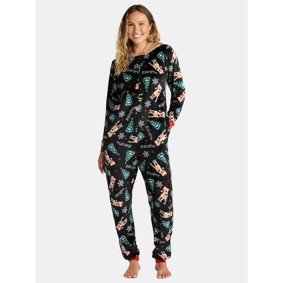 Rudolph Women's and Women's Plus Super Minky Union Suit Pajamas with Hood, Sizes XS-3X