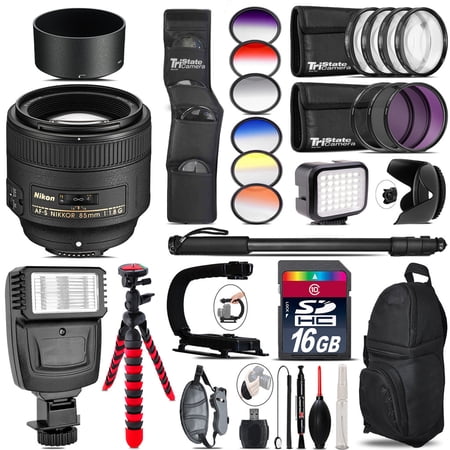 Nikon AF-S 85mm f/1.8G Lens + Color Set + LED Light - 16GB Accessory Bundle