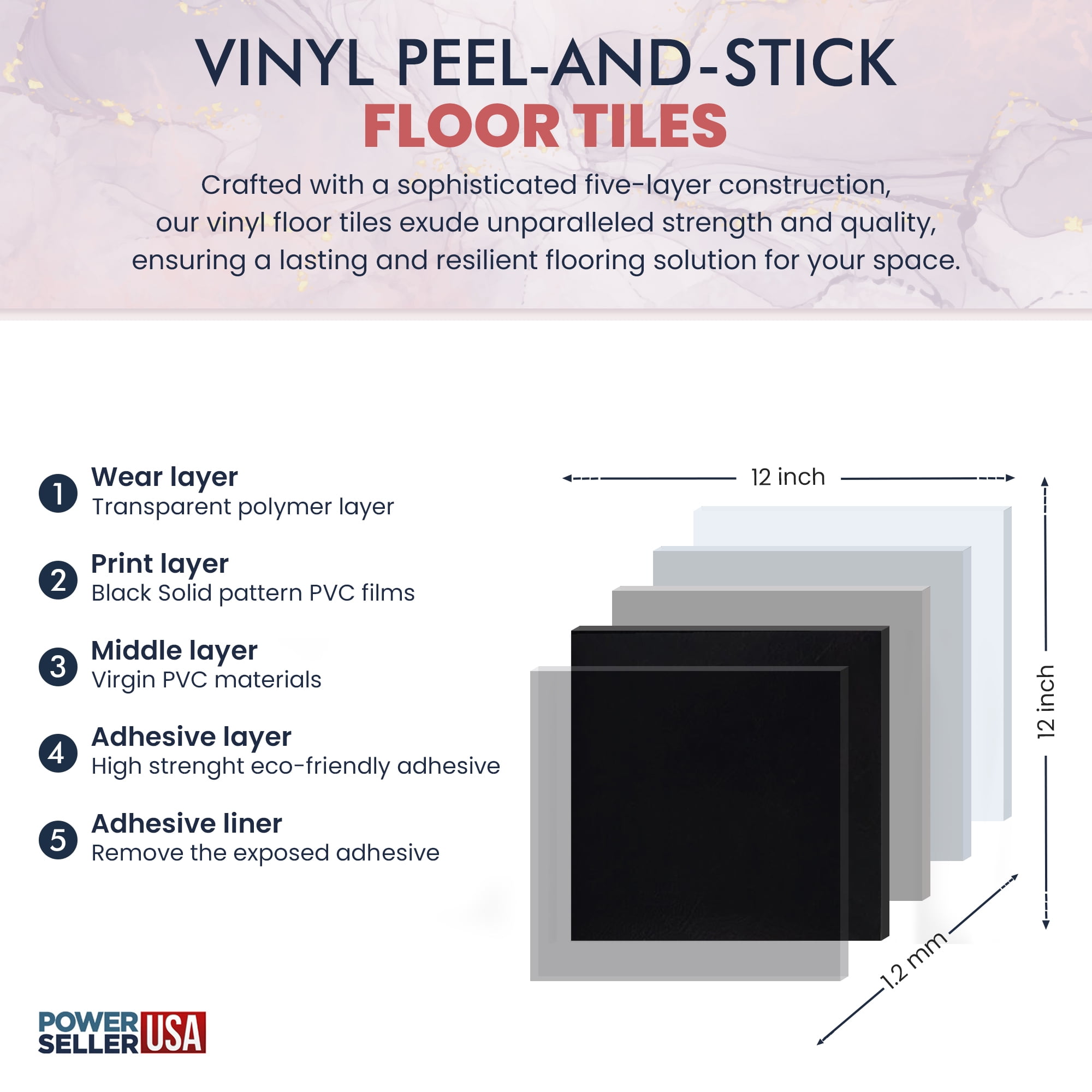PowerSellerUSA Vinyl Self Adhesive Floor Tiles, 12x12 inches with 1.2 mm Thick Contemporary Design Peel and Stick Floor Tile Stickers, Square Flooring Tiles for Kitchen, Black Themed, Abstract