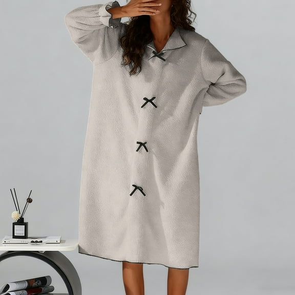 Wowcloth Woman's Winter Nightdress, Thermal Fleece Long Sleeve V-Neck Bow, Cozy Mid-Calf Sleepwear for Lounge and Home