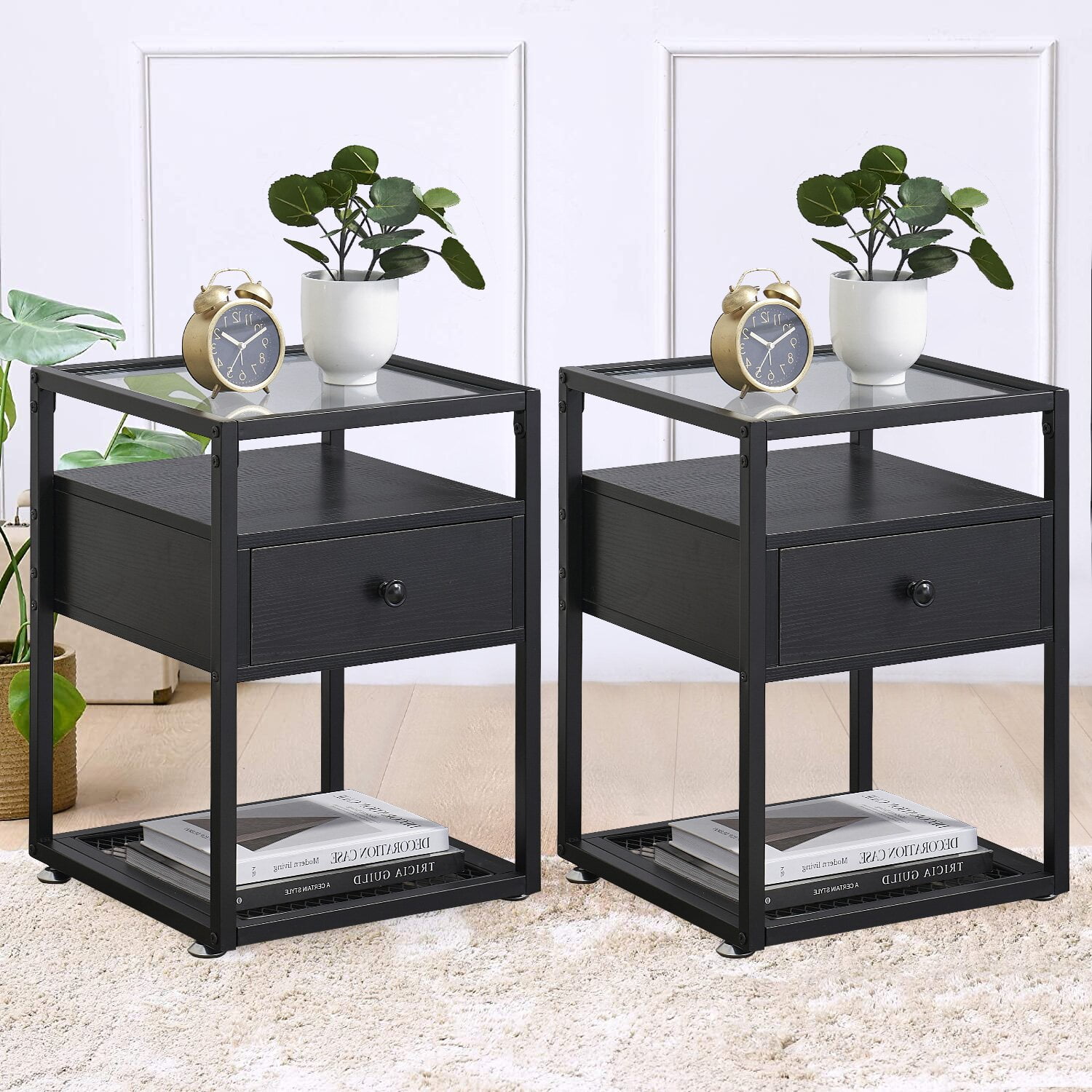 Wortham glass top end sale table set with storage