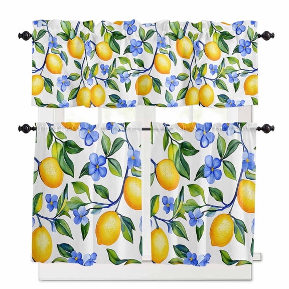Vintage Lemon Kitchen Curtains Valance and Tier Set Watercolor Blue Flowers Rod Pocket Short Curtains for Small Window 3 Pieces Set for Bedroom Bathroom Cafe (54" x 18" 27" x 24")
