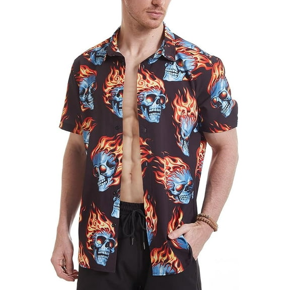 Men's flame stylish 3D printed graphic short sleeve shirts casual fashion print button down shirt