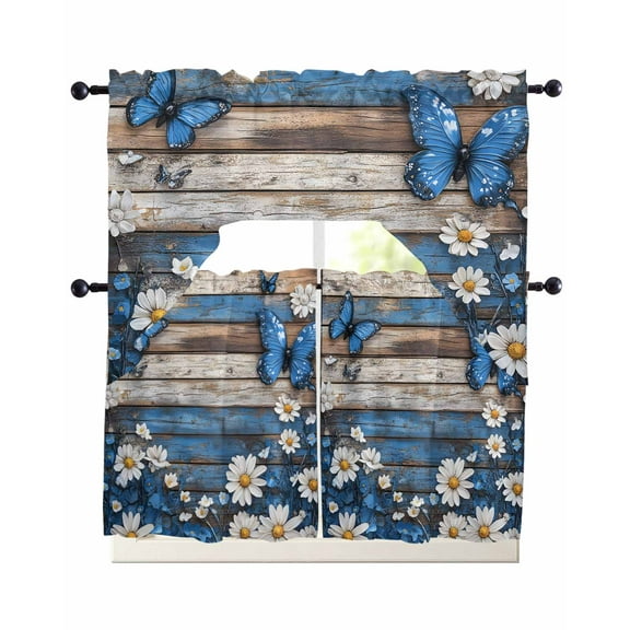 Blue Butterfly White Daisy Kitchen Curtains Swag Valance and Tier Curtains Set 36 Inch Length, Vintage Botanical Wooden Rod Pocket Drape Panels Pair Swag Curtain for Bathroom/Cafe/Window