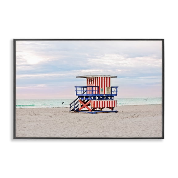 Stupell Industries Patriotic Lifeguard Hut Landscape & Nature Photography Black Framed Art Print Wall Art, 18 x 12
