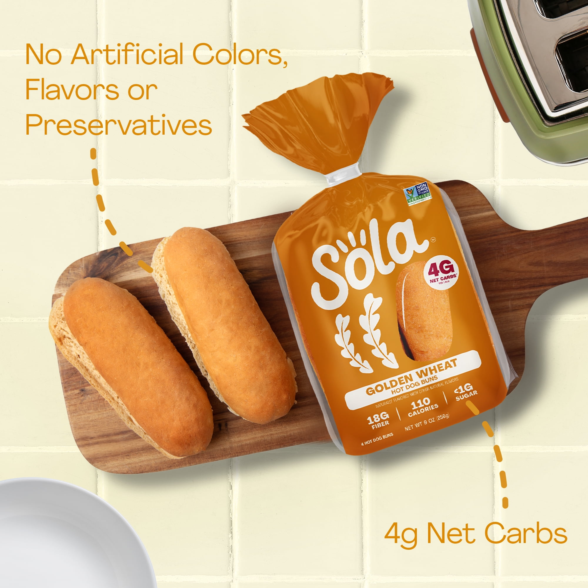 Sola Golden Wheat Hot Dog Buns, Non-GMO, 9 oz, 4 Count