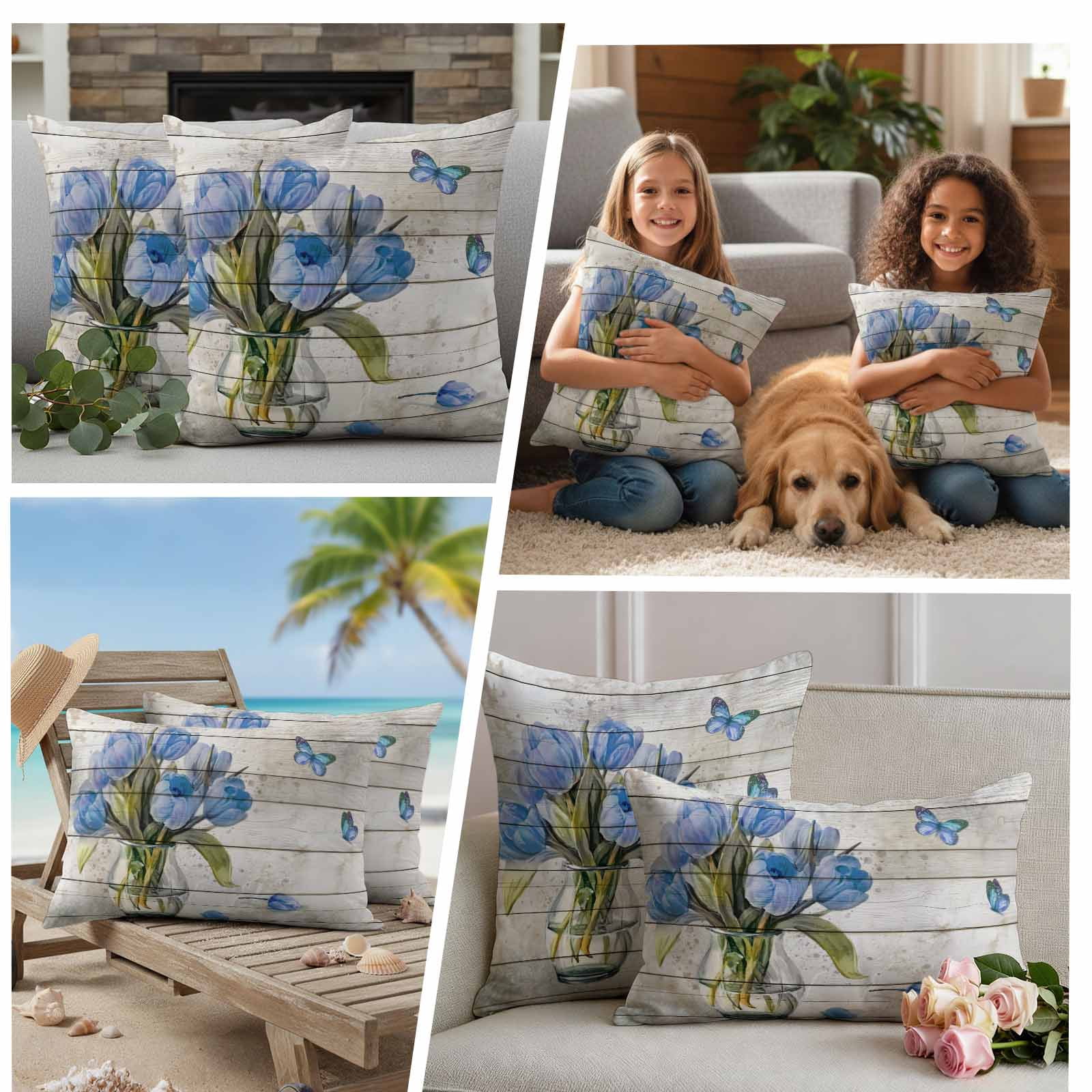 Blue Tulip Outdoor Waterproof Pillow Covers, Vintage Spring Floral Retro Art Butterfly Wooden Decorative Square Throw Pillowcase Sofa Cushion Sham for Patio/Couch/Chair, 20"x20" 2 Pack