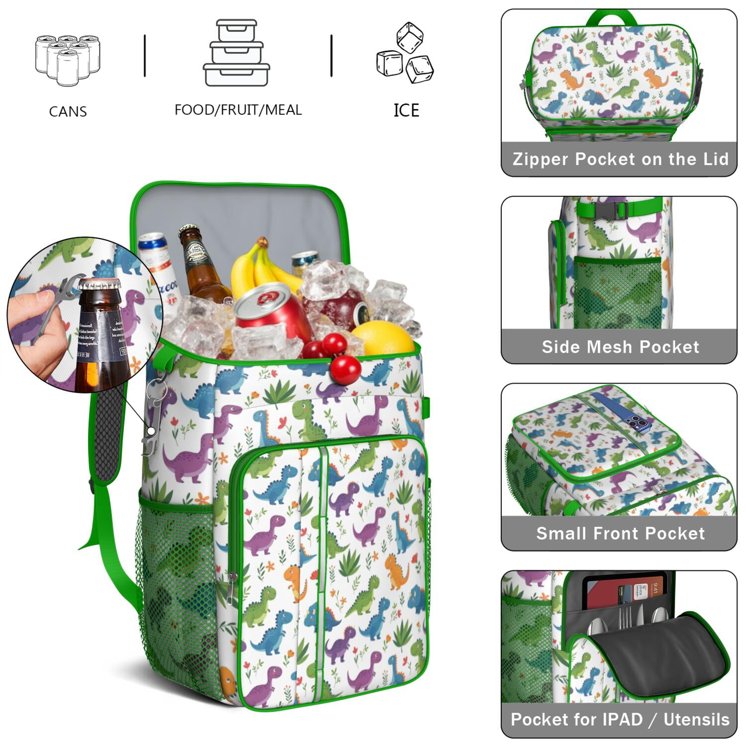 Travel Cooler Bag - White Floral Dinosaurs Pattern Camping Beer Cooler Backpack with Bottle Opener- Waterproof Insulated Picnic Backpacks - Cooler Bag for Beach
