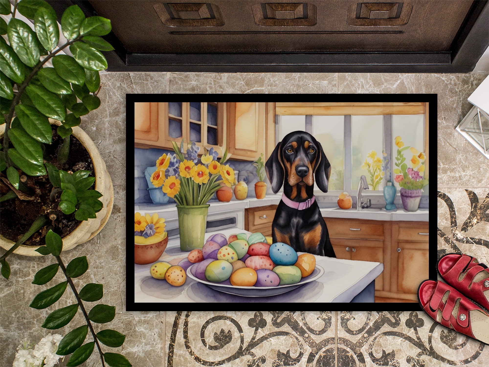 Decorating Easter Black and Tan Coonhound Doormat 27 in x 18 in