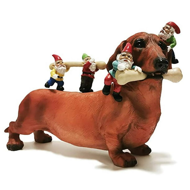 ADVEN Dog Eating Dwarfs Statue Funny Yard Art Resin Dog Sculpture for
