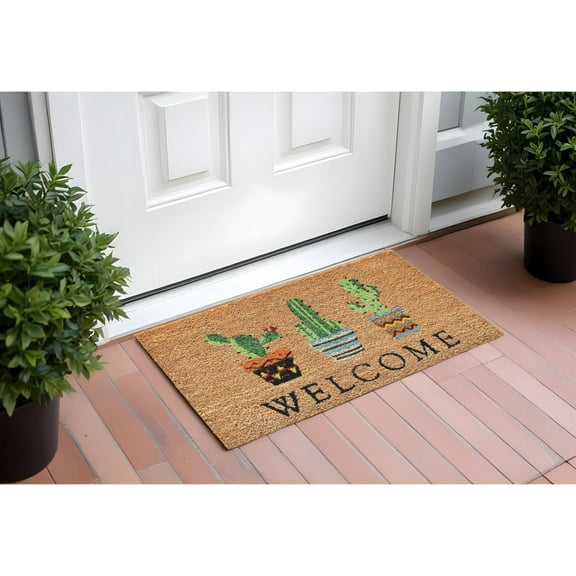 HomeRoots 555231 24 x 36 in. Natural Green & Black Coir Cactus Welcome Outdoor Door Mat