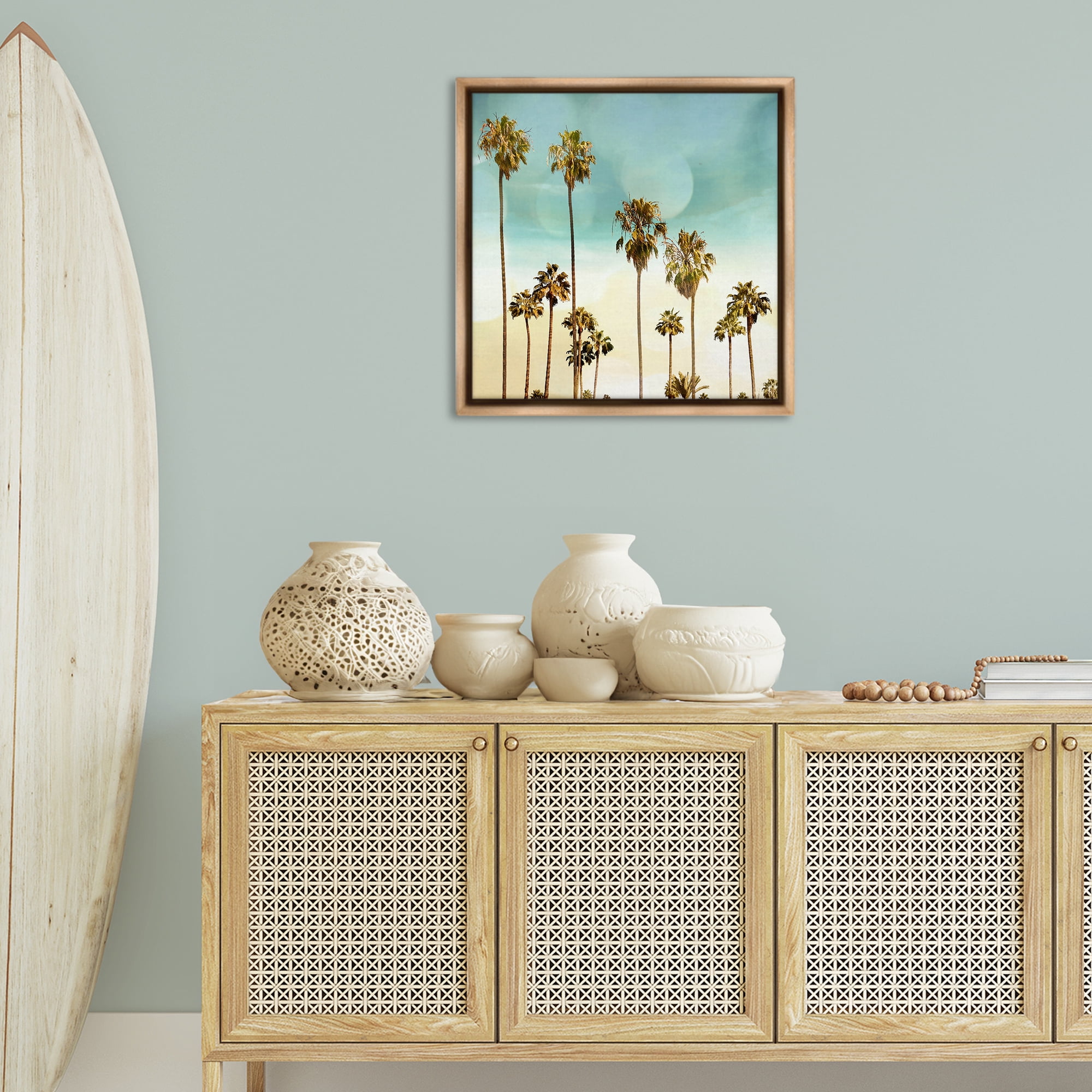 Stupell Industries Palm Tree Beach Sky Nautical & Beach Painting Brown Floater Framed Canvas Art Print Wall Art, 25 x 25