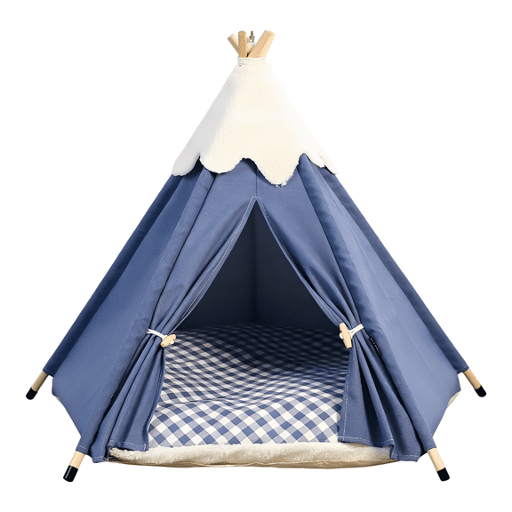 Blue Pet Teepee, 23.6 in / 60 cm Small Dog Tent & Cat Bed with Removable Cushion, Plush Top, Foldable Pet Tent for Indoor and Outdoor, Portable Dog House with Wooden Frame, Easy to Assemble