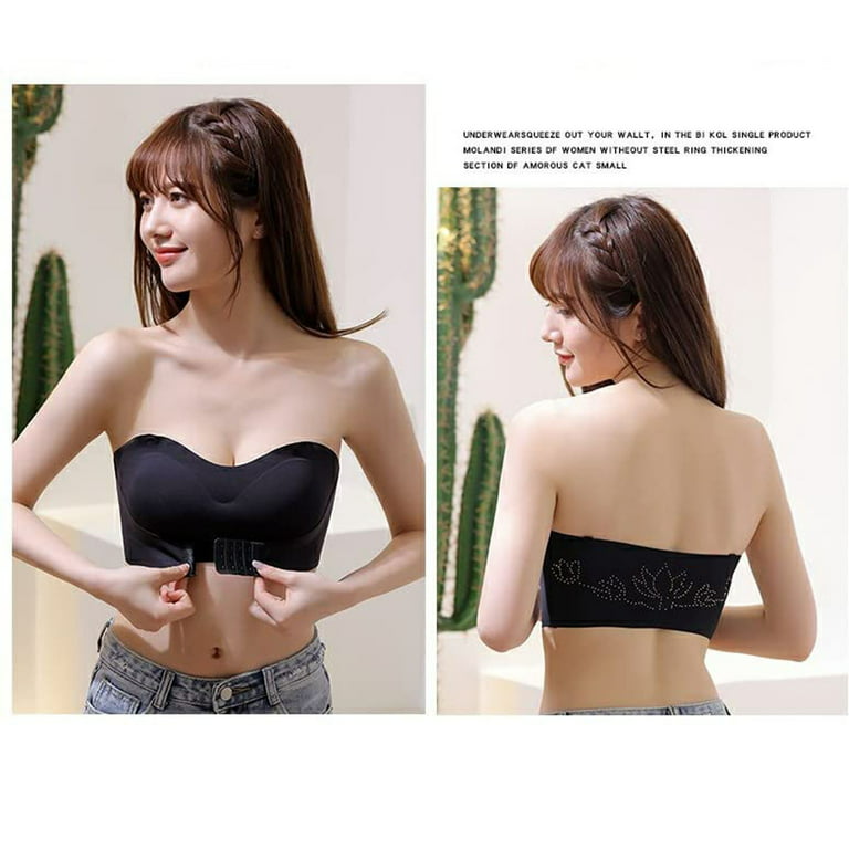 Qcmgmg Push Up Strapless Bra Bandeaus Front Closure Solid Full Coverage  Wireless Bra Black XL