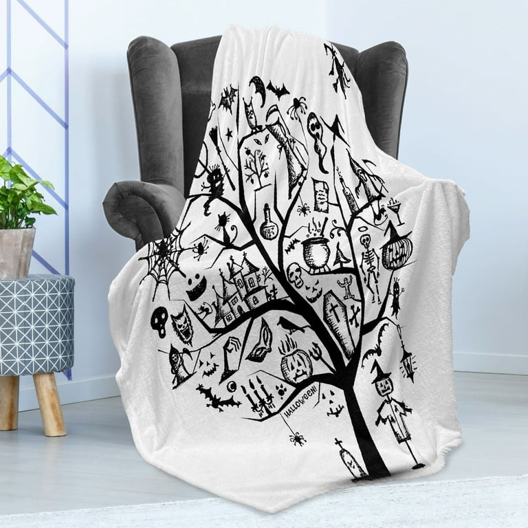 Halloween Soft Flannel Fleece Throw Blanket, Sketchy Spooky Tree