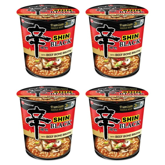 (4 pack) Nongshim Shin Black Spicy Beef & Bone Broth Ramyun Premium Ramen Noodle Soup Cup, 3.5oz X 1 Count, Shelf-Stable