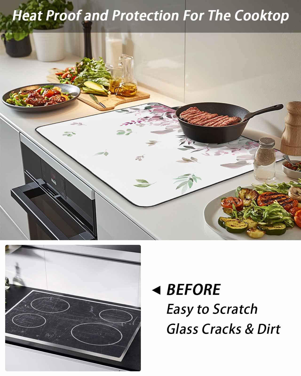 Stove Top Covers for Electric Stove, Vintage Red Green Glass Stovetop Cover Protector, Spring Botanical Summer Eucalyptus Leaves Induction Cooktop Protector Oven Mat for Kitchen Countertop 24"x21"