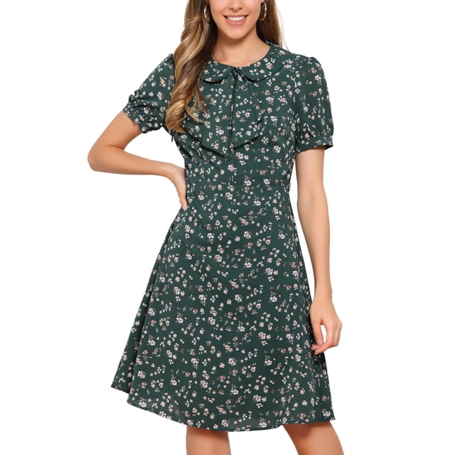 INSPIRAR CHIC Vestido Vintage para Mujeres con Estampado Floral, Cuello Peter Pan, Largo a la Rodilla, Casual, XL, Verde