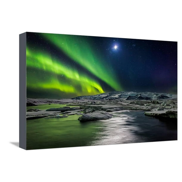 Moon And Aurora Borealis Northern Lights With The Moon Illuminating The Skies And Icebergs Photo Stretched Canvas Print Wall Art By Green Light Collection Walmart Com Walmart Com