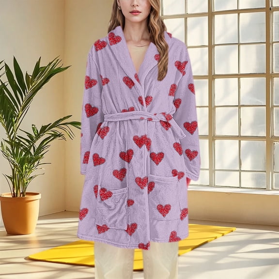 Women's Home Wear Flannel Robes Soft Warm Fuzzy Fleece Loungewear Bathrobes Cute Printed Pajamas with Pockets Purple L