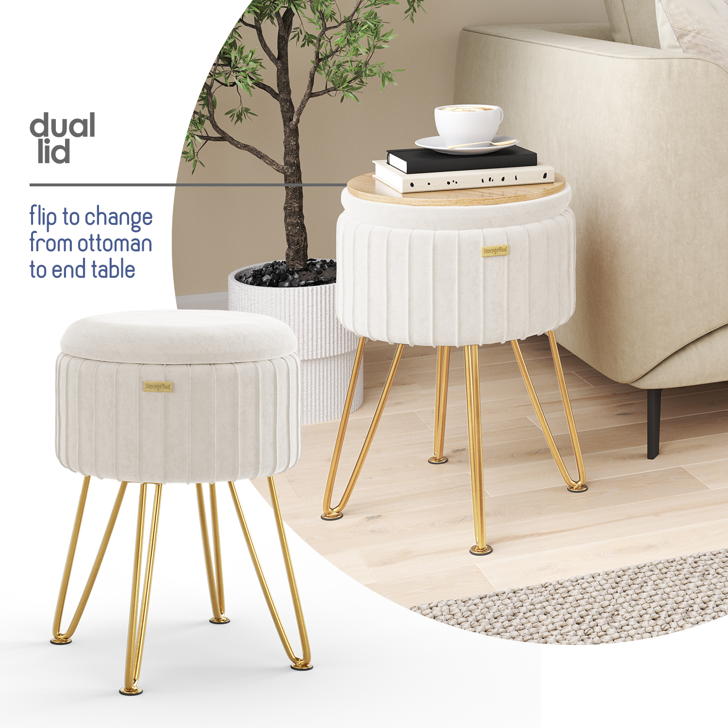 LammaLoe Small Round Ottoman with Storage, Pleated Velvet Ottoman Foot Stool with Lid, Upholstered Vanity Stool for Living Room & Bedroom, Cream