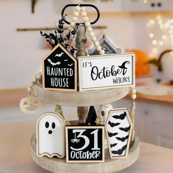 Sunshinehomely 6 Pcs Halloween Tiered Tray Decorations Set Cute Halloween Wooden Signs Halloween Decorations Indoor Farmhouse Rustic Tiered Tray Decor Halloween Party Decorations