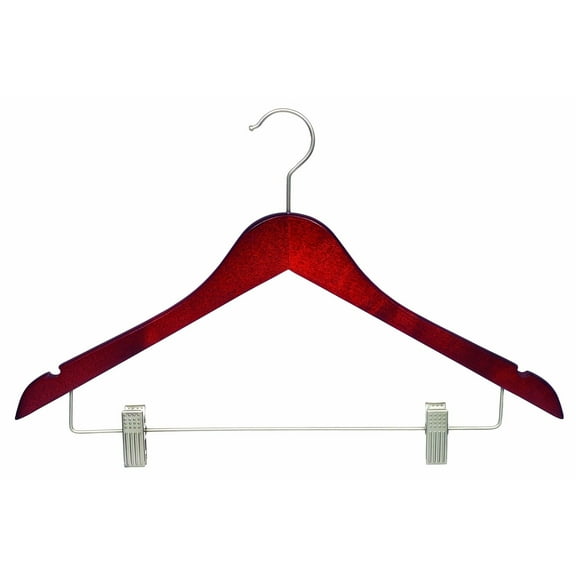 Wood Combo Hanger w/ Cushion Clips, Box of 50, 17 Inch Flat Wooden Hangers w/ Cherry Finish & Brushed Chrome Hardware & Notches for Shirt Jacket or Dress by International Hanger