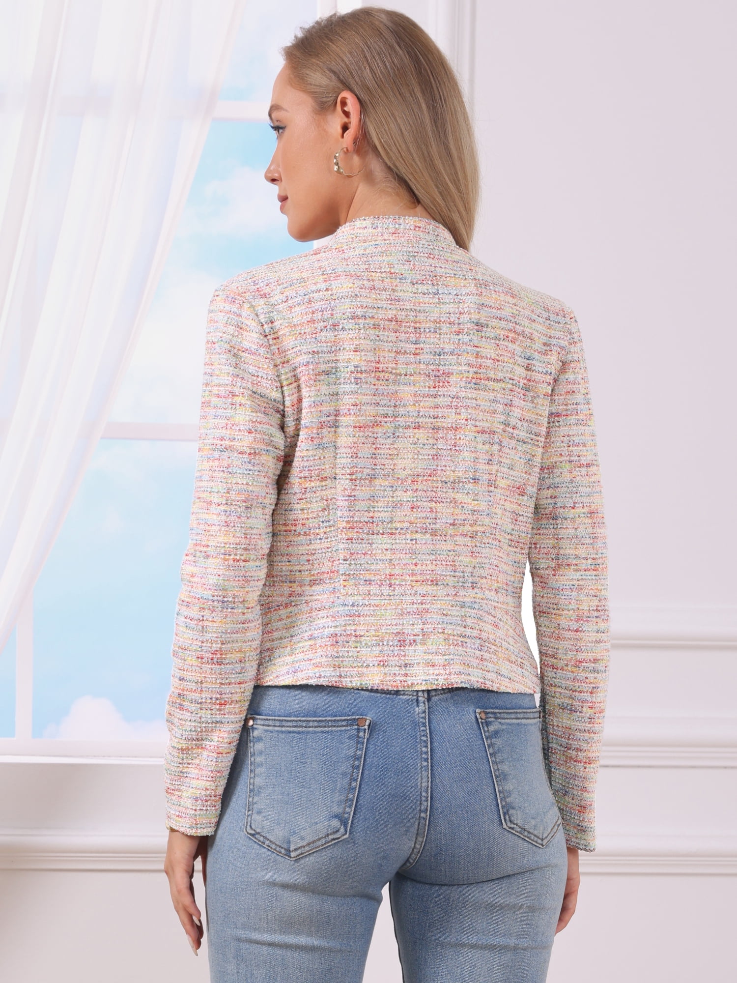 DARING DIVA Women's Elegant Plaid Tweed Blazer Band Collar Jacket XL Multicolor
