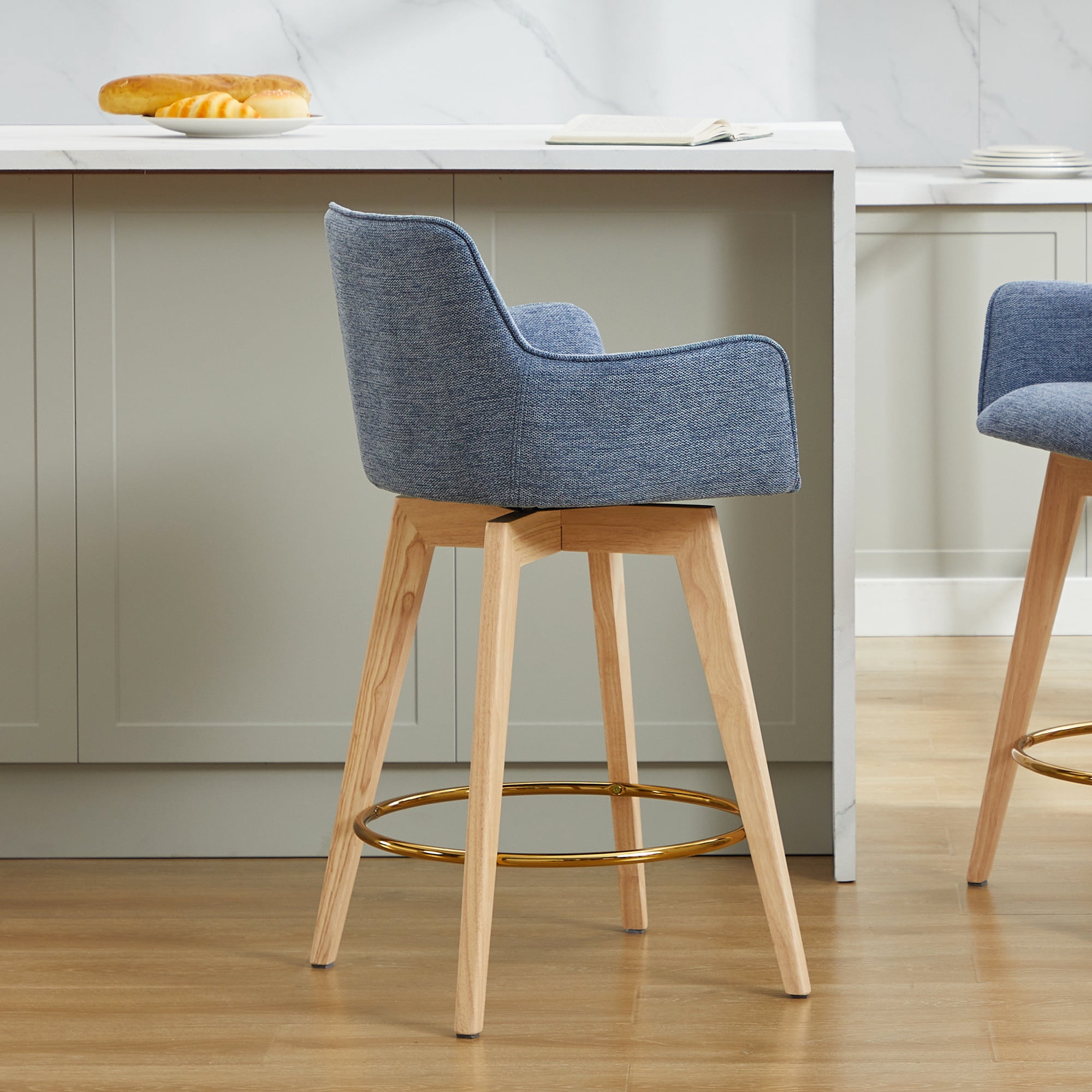 Zesthouse 25.8" Modern Bar Stools Counter Height, Swivel Single Bar Stool for Kitchen Island, Upholstered Linen Barstools with Barrel Back, Arms and Solid Wood Legs, Blue