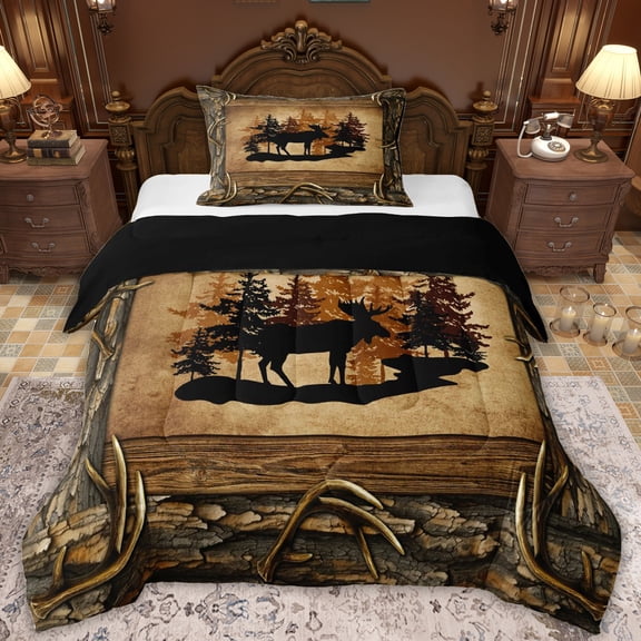 Erosebridal Brown Rustic Farmhouse Twin Comforter Sets, Deer Wildlife Bedding Set, Black Reversible, 2-Piece