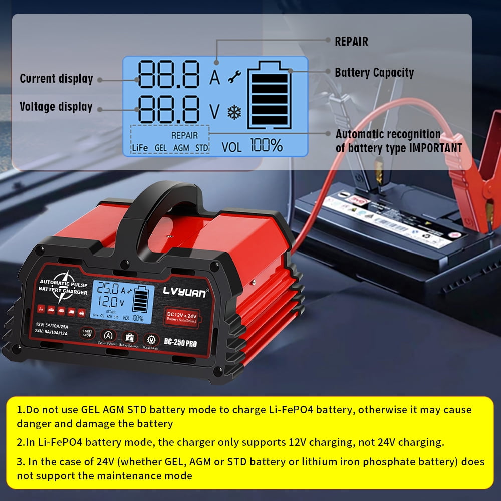LVYUAN 25A 12V/24V Automotive Battery Charger Float & Trickle Battery Charger Maintainer Desulfator for Car, Truck, Motorcycle, lawn mower, LiFePO4 & Lead-Acid Batteries