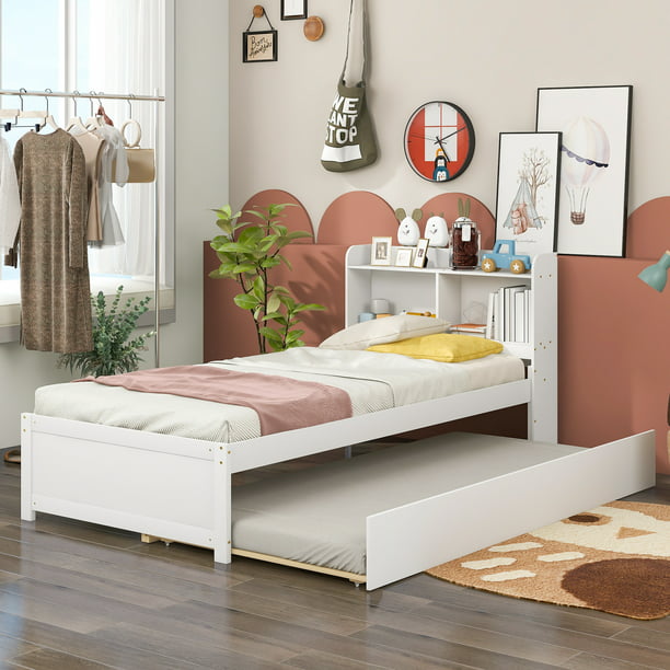 Syngar White Twin Bed Frame With, Twin Bed Frame With Trundle And Storage Box